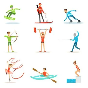 Adult People Practicing Different Olympic Sports Set Of Cartoon Characters In Stock Illustration