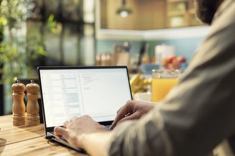 Adult programmer, developing web code, software systems on laptop, coding 스톡 사진