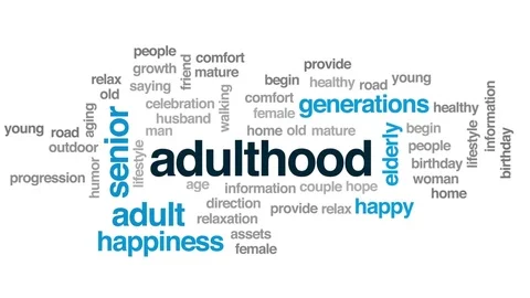 Adulthood animated word cloud, text design animation. Stock Footage 78874616
