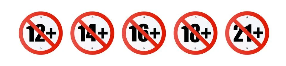 Adults content only age restriction plus years old icon signs flat style design Stock Illustration