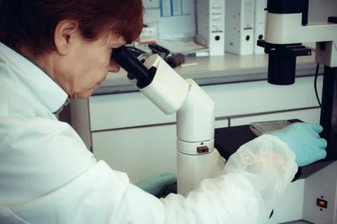 Adults laboratory technician working at microscope Stock Photos