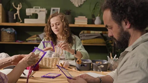 Adults Learning Weaving in Creative Craft Workshop Stock Footage 341949606
