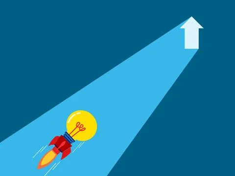 Advance knowledge. Lightbulb rocket heading towards the glowing arrow door Stock Illustration