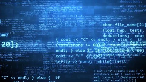 An advanced 3d illustration of a coding program with flying blue letters, dig Stock Illustration