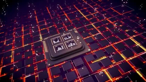 Advanced 3d illustration of CPU squares with bar charts glittering inside. Ma Stock Illustration