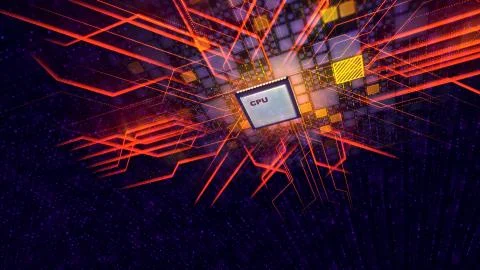An advanced 3d illustration of a grey CPU device put diagonally in the black  Stock Illustration