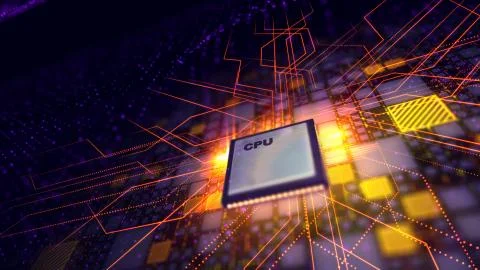 An advanced 3d illustration of a grey CPU microprocessor placed aslant in the Stock Illustration