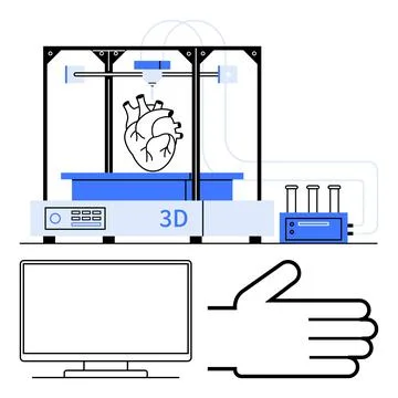 Advanced 3D Printing Technology Creating Human Heart Model, Hand Gesture, a.. Stockillustratie