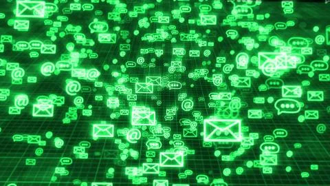 An advanced 3d rendering of flying in some order green emails, at signs, and  Stock Illustration