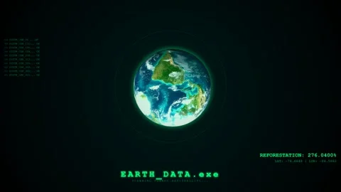 Advanced 4K 3D Seamless Loop Rotating Earth Hologram with Environmental Data HUD Stock Footage 332181906