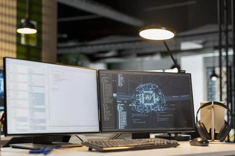 Advanced AI algorithms running on computer monitor in empty startup 写真素材