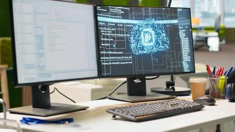 Advanced AI algorithms running on computer monitors in empty startup Foto stock