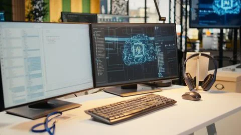 Advanced AI algorithms running on computer monitors in empty startup workspace Stock Photos