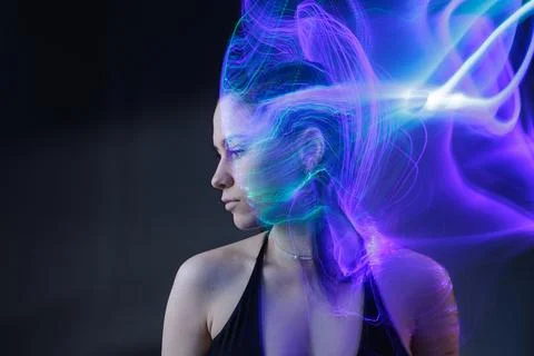 Advanced AI brain waves with green digital flow portrait Stock Photos