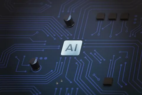 Advanced AI chip integrated onto a complex electronic board, representing the 写真素材