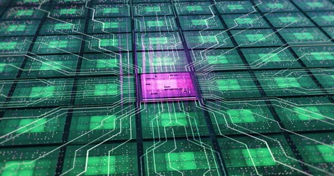 Advanced AI CPU Processors Analyzing Data Flow. Data Processing. Video stock 149898572