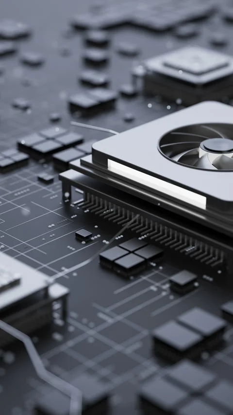 Advanced AI graphics processor on a dark motherboard Stock Footage 338986966
