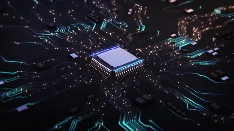 Advanced AI microchip embedded intricate blue circuit board, artificial intellig Stock Footage 341895297