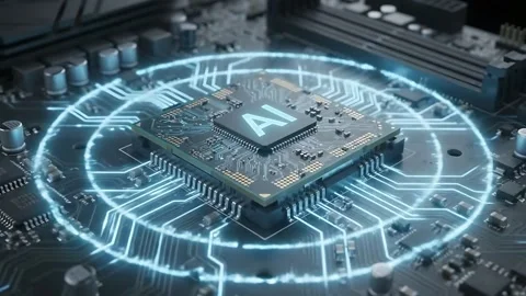 Advanced AI Microprocessor Connecting to Motherboard with Energy Pulse Stockbeeldmateriaal 342165282