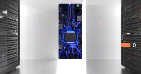 Advanced AI server room with blinking lights and digital data effects. Stock Footage 332272903