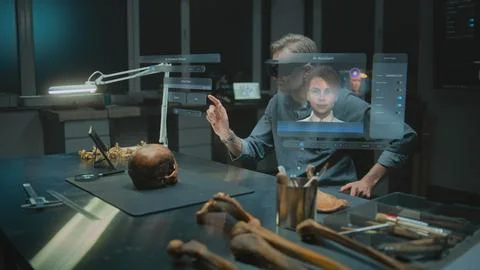 Advanced archaeological lab: 3D graphics of virtual display with AI assistant Stock Photos