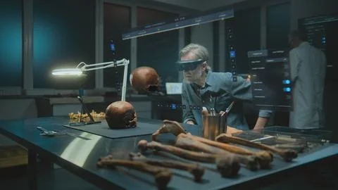 Advanced archaeological lab: 3D graphics of virtual display with AI assistant Stock Photos