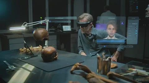 Advanced archaeological lab: 3D graphics of virtual display with AI assistant Stock Photos