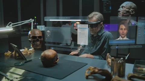 Advanced archaeological lab: 3D graphics of virtual display with AI assistant Stock Photos