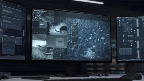 Advanced Army Radar On Computer Screen Searches For Terrorist Forces In Area Stock Footage 279224755