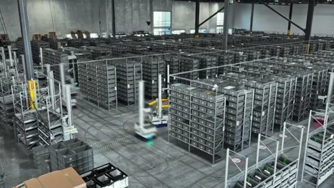 An Advanced Automated Warehouse that Features Robotic Systems Efficiently Stock Footage 312172508