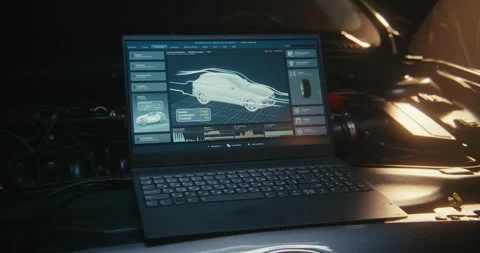 Advanced Car Diagnostic Interface with 3D Vehicle Model on Laptop Screen in Stock Footage 330271242