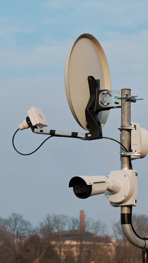 Advanced CCTV security cameras on a pole against a clear blue sky. Urban safety Stock Footage 329303621