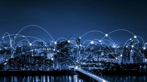 Advanced communication and global internet network connection in smart city Stock Photos