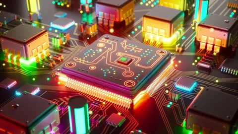 Advanced computer chip with neon technology design Stock Footage 337337429
