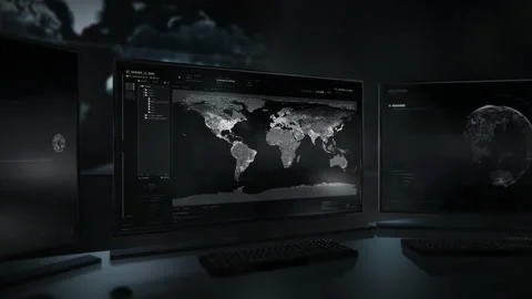 Advanced Computer Database Scans Digital World Map For Global Navigation Stock Footage 197339509