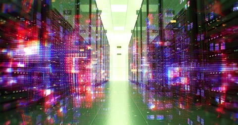 Advanced computer network servers with glowing digital data effects. Stockbeeldmateriaal 337180193