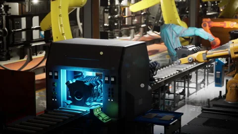Advanced conveyor belt system operational in a modern factory at night Stock Footage 310535488