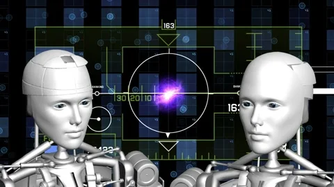 Advanced cyber human interacting with holographic cybernetic map Stock Footage 333052703