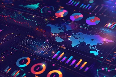 Advanced digital data dashboard with global analysis Stock Photos