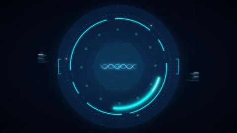 Advanced digital interface displaying aDNA helix within a circular holograp.. 動画素材 334945146