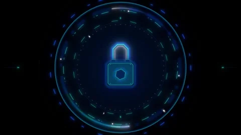 Advanced digital security interface featuring a glowing cyan padlock within.. 動画素材 335826585