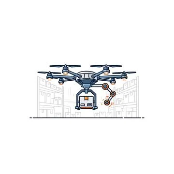 Advanced drone with robotic arm carrying package in cityscape Stock Illustration