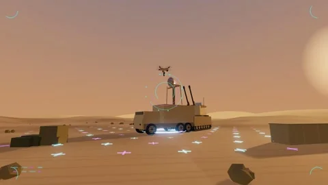 Advanced drone system demonstrates autonomous target lock over a desert Stock Footage 342908297