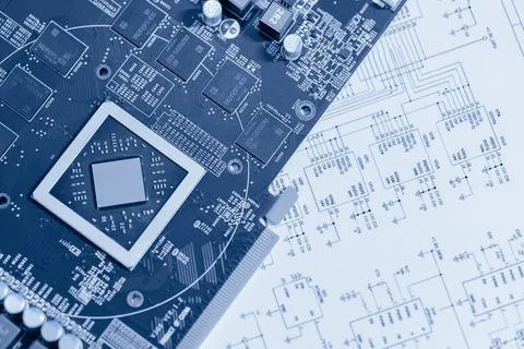 Advanced electronic circuit board design for semiconductor technology. High.. Stock Photos