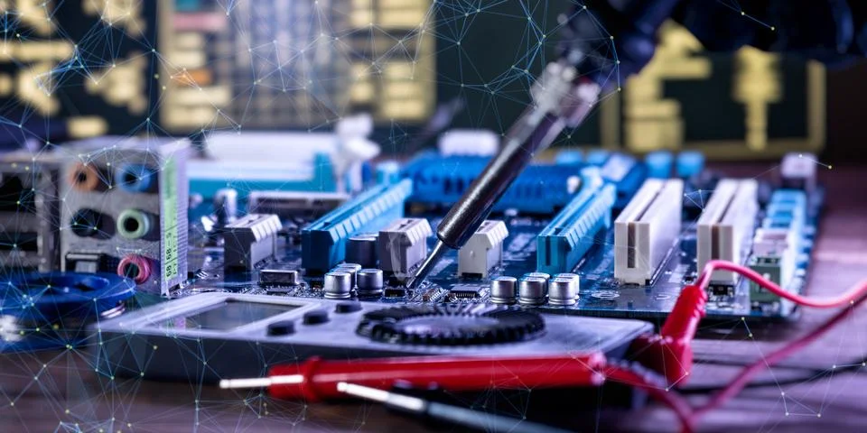 Advanced electronic engineering and IT diagnostics. Circuit board with cyber  Stock Photos