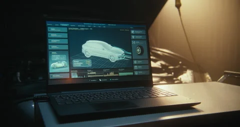 Advanced Electronic Troubleshooting With Laptop Connected to Vehicle ECU Stock Footage 330269822