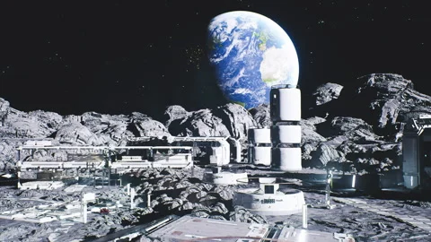 Advanced extraterrestrial science and manufacturing complex on moon 스톡 동영상 331533778
