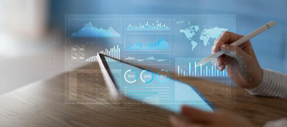 Advanced Financial Data Visualization and Market Analytics on a Digital Table Stock Photos