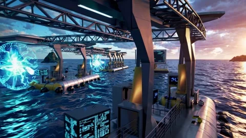 Advanced floating platforms harnessing energy in ocean setting during sunset Stock Footage 297459341
