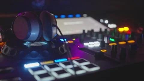Advanced HighTech DJ Equipment Featuring Colorful Lights and Quality Headphones Stock Footage 310335009